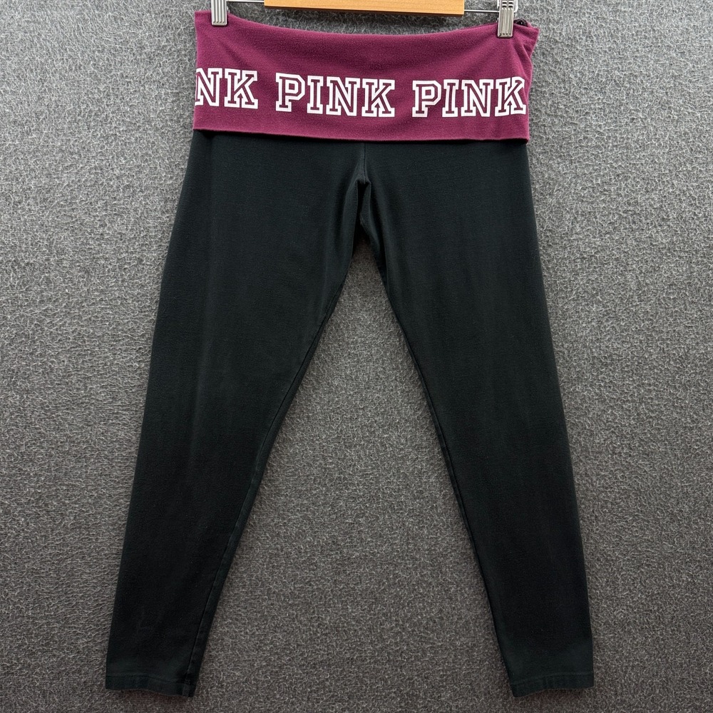 Vintage Victorias Secret PINK Pants Womens Medium Black Fold Over Yoga Capri Y2K